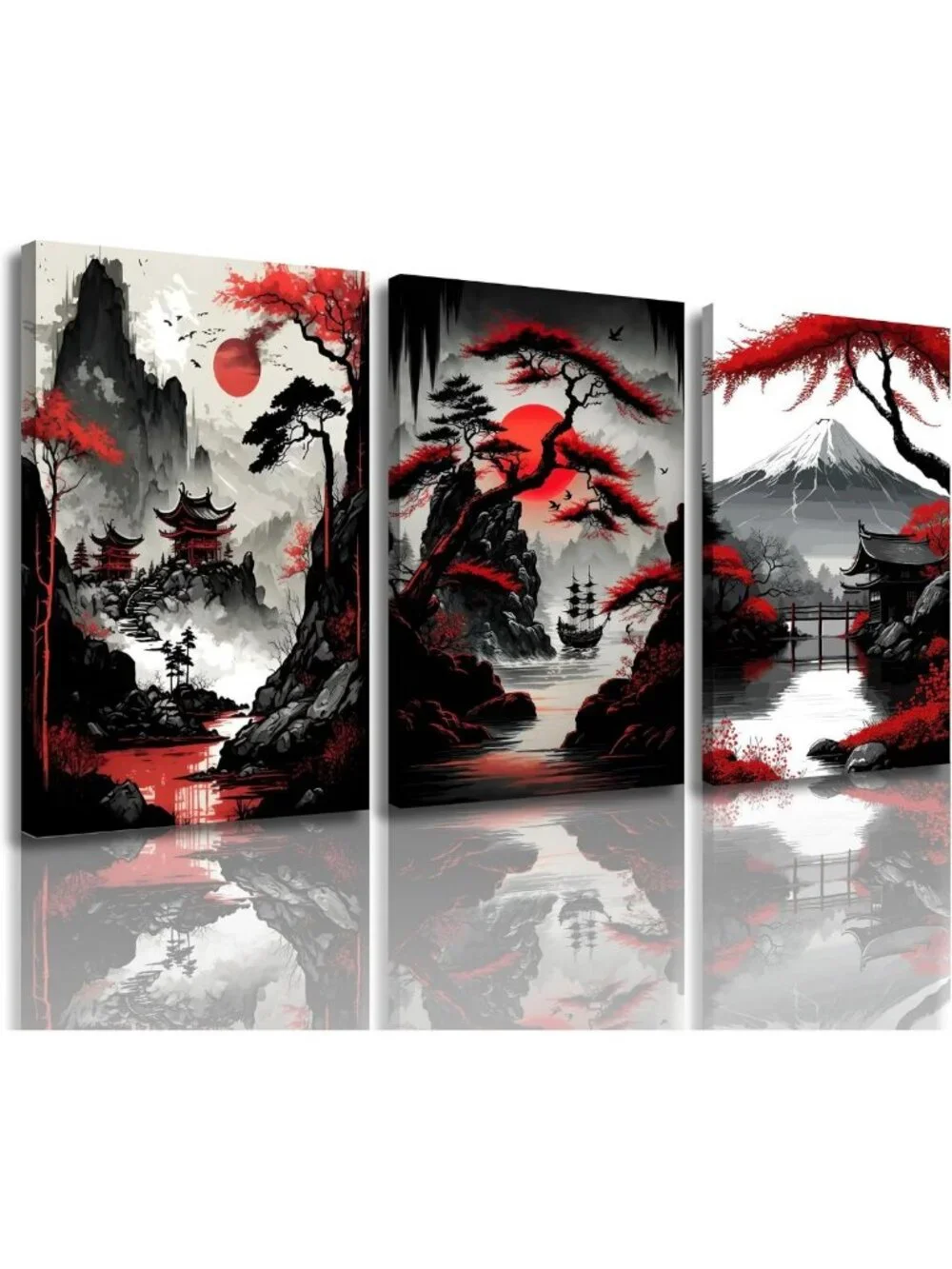 Set of 3 Framed Japanese Landscape Wall Art - Cherry Blossom Canvas Prints for